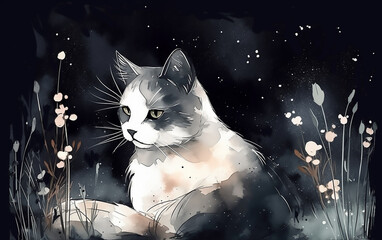 Naklejka na meble Portrait of a black and white cat in the night. AI generative technology.