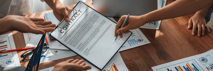 Poster - Panorama shot hand signing signature on legal contract, business report and BI Fintech paper on table. Seal business agreement deal with signature. Investment loan for startup company. Scrutinize