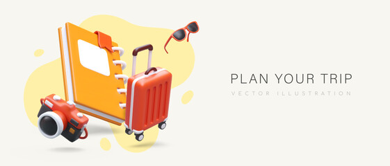 Plan your vacation. Choose place, route, hotel, excursions. Baggage packing. Find locations for beautiful photos. Services of travel consultant, local guide. Commercial template with 3D illustration