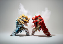 A Couple Of Chinese Lion Dancers, A Traditional Dance While The Country Remained Isolated Against Ligth Bright Background. Generative AI.