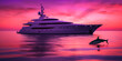© XaMaps - Captivating luxury yacht gliding on serene ocean at dusk, showcasing upscale lifestyle while embracing mesmerizing pink and purple twilight hues. Generative AI