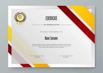 Set certificate template with dynamic and futuristic polygonal red and gold color and modern background.