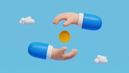 Cashback and money refund concept. 3D hands in business attire taking care of golden coin. Online payment on blue background. 4K 3D loop animation