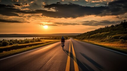 Cyclists practice cycling on open road to sunset