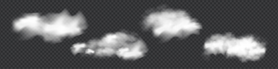 Realistic isolated cloud on transparent background. Vector set of realistic isolated fluffy cloud. Illustration of different types of cirrus and cumulus clouds. Vector.