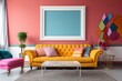 cheerful and happy mood living room has yellow comfy sofa with empty wall art hanging frame on orange wall, mock up idea Generative Ai