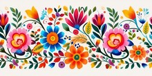 Colorful Mexican Floral Pattern On A White Background. Ai Generated