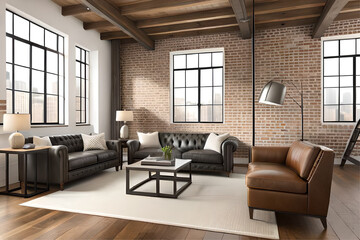 Interior design of an industrial chic living room that incorporates exposed bricks, metal finishes, wooden elements, and vintage machinery-inspired decor with a touch of luxury | Generative AI