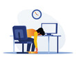 Bored man asleep at desk at his computer. Deadline concept. Character in office with a lot of work. Employee stressed out on workplace. Vector illustration