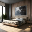 Interior of modern master bedroom- wooden floor- comfortable king size bed with white pillows and luminous stars. 3d rendering