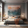 © Wazir Design - Interior of modern bedroom with white walls- wooden floor- comfortable king size bed with beige linen and a poster on the wall. 3d rendering