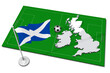 Scozia. Bandiera nazionale con in primo piano pallone da calcio. Sport football - Illustrazione 3D.