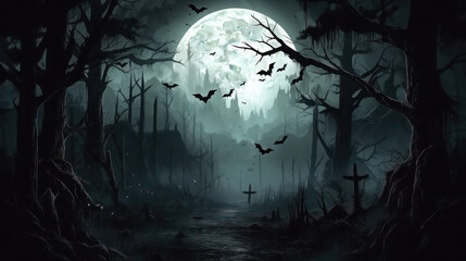 spooky halloween in the haunted forest graveyard with bats and scary trees. happy halloween backgrou