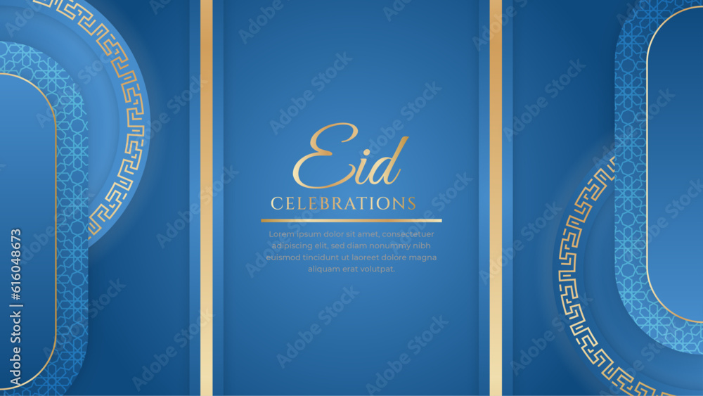 Eid Mubarak Arabic Islamic blue and gold social media post design with ...