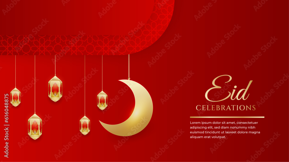 Eid Mubarak Arabic Islamic red and gold social media post design with ...