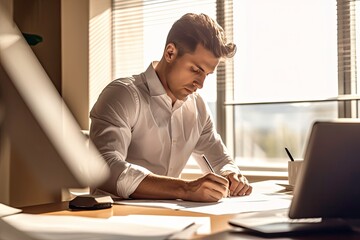 Serious young businessman writing in notebook while sitting at workplace in office