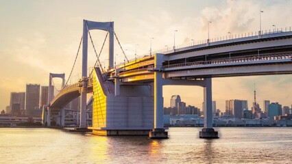 Wall Mural - Cityscape of Tokyo skyline, timelapse video of office building at Tokyo bay in the evening. Japan, Asia.