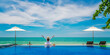Wide panorama happy traveler woman on edge infinity pool joy fun nature view scenic landscape, Leisure time tourist travel Phuket Thailand summer holiday vacation, Tourism beautiful destination Asia