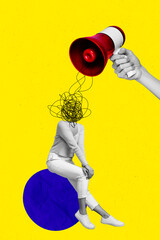 Wall Mural - Vertical collage image of black white effect arm hold loudspeaker mini girl painted mess instead head isolated on yellow background