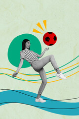 Poster - Vertical collage image of positive sportive black white effect girl leg knee kick football isolated on painted background