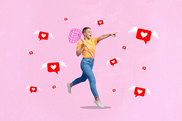 Wall Mural - Creative drawing collage picture of running female finger point like hearts icon wings flying catch popularity social media conversion