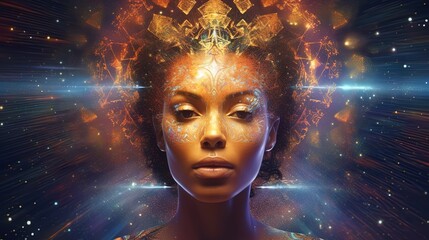 Wall Mural - african female spiritual guide, young starseed woman, concept of love, meditation incarnarion, compa