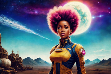 portrait of a beautiful woman as an astronaut, space theme in the retro futurism style of the 60s. g