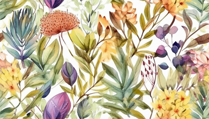 Modern colorful tropical floral pattern, exotic watercolor plants, white background. Cute botanical abstract contemporary seamless pattern. Hand drawn unique print.