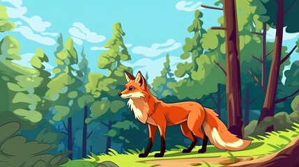 Wall Mural - cartoon fox in the forest . Fantasy concept , Illustration painting.