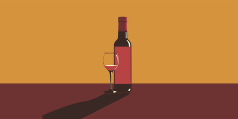 Illustration of a bottle of wine and a glass of wine in retro style.