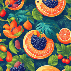 Sticker - Repeated Seamless Pattern Design with Fresh Tropical Fruit and Green Leaf on Dark Background. Decorative Wallpaper llustration for Print, Textile, Banner, Poster or Greeting Card. AI Generated...