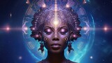 Fototapeta Miasta - African female spiritual guide, young starseed woman, concept of love, meditation incarnarion, compassion, cosmos, univers, connection, connected, stars, all. Mother, sister, daughter. Universal love