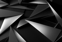 Black White Abstract Background. Geometric Shape. Lines, Triangles. 3d Effect. Light, Glow, Shadow. Gradient. Dark Grey, Silver. Modern, Futuristic. Web Banner. Wide. Panoramic