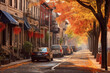 View on sidewalk in New England in autumn time, city landscape