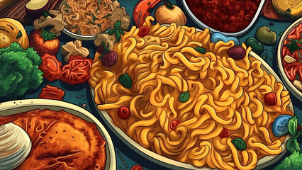 Wall Mural - Classic Italian pasta dishes . Fantasy concept , Illustration painting.