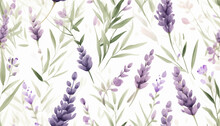 Lavender Pressed Dried Flowers. Seamless Pattern With Lavender Floral Plants. Seamless Stylized Watercolor Flower Pattern. Tiled And Tillable, Wallpaper, Wrapping Paper Design, Textile, Scrapbooking