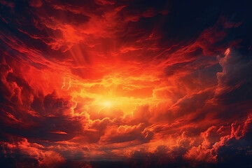 Wall Mural - A vivid red sunset paints the evening sky with drama, its fiery hues mingling with billowing clouds. This fantastical backdrop offers space for creative design
