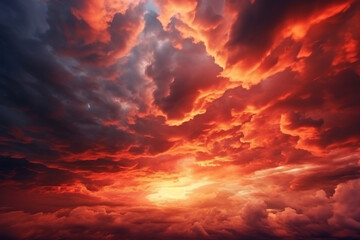 Bright red sunset. Dramatic evening sky with clouds. Fiery skies with space for design. Magic fantasy sky. War, battle, terror, world apocalypse, horror concept