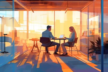 Wall Mural - two people, a guy and a woman, can be seen sharing a table and each using a laptop.