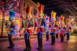 Christmas parade and festival on city street in winter