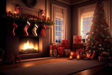 christmas evening, interior of decorated room and fireplace for the holiday