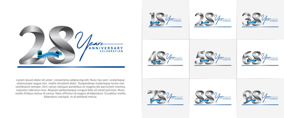 set of anniversary logo with silver number and blue ribbon, handwriting text can be use for celebration