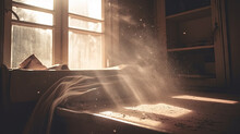 Dusty Room With Old Distressed Windows And Sun Rays. Abandoned Grungy Interior With Lights In The Dust. Generated AI.