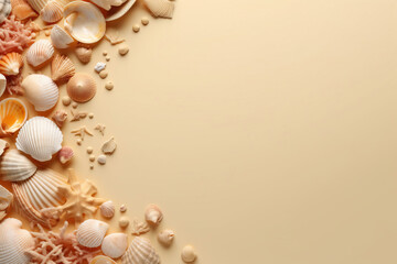 Frame made of sea shells on beige background