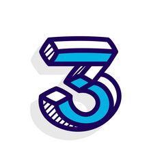 Wall Mural - 3 logo. isometric number three. vector impossible lines handwritten emblem. hatching shadow style fl