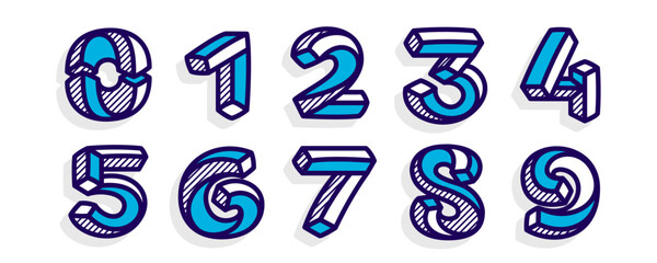Wall Mural - isometric numbers set. vector impossible lines handwritten emblems. hatching shadow style flat desig