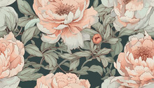 Seamless Boho Floral Pattern With Pink Peony Flowers. Retro Collage Pattern. Contemporary Print For Wedding Stationary, Greetings, Wallpapers, Fashion, Backgrounds, Textures, DIY, Wrappers, Cards