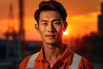 portrait of young asian engineer on construction site with sunset background.Generative Ai