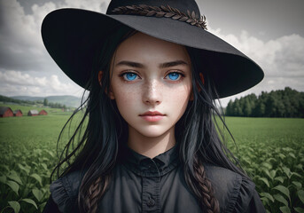 Portrait of a beautiful young girl in a hat on the field. Generative AI