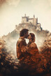 Double exposure of a beautiful couple of lovers and a castle. Book cover of a love story. Vertical Generative AI illustration.
